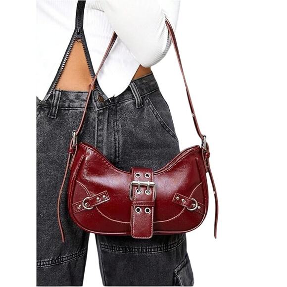 New Floerns Womens Tomato Red Faux Leather Buckled y2K Punk Shoulder Bag Purse - Picture 5 of 6